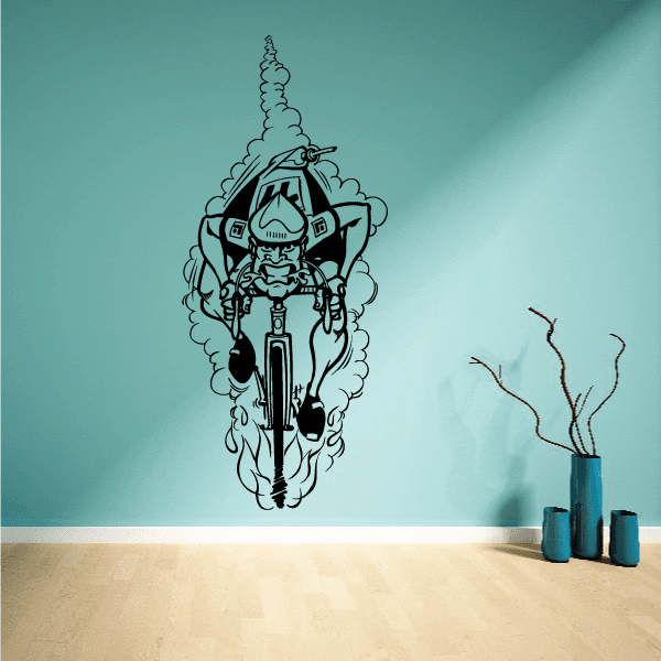 Cyclist smoke trail decal with teal-and-black outline rider on bike