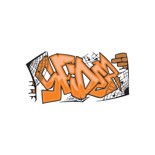 Spider graffiti sticker with orange letters, black web lines, and white accents