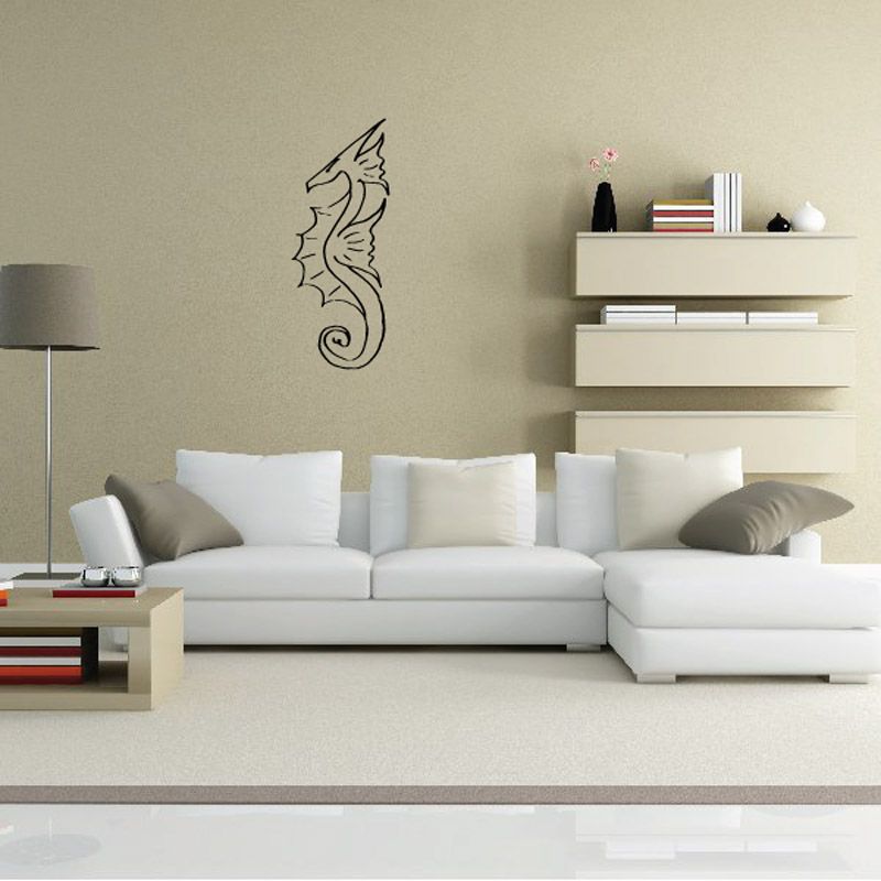 Spiked head seahorse wall decal, black line art with spiky crown