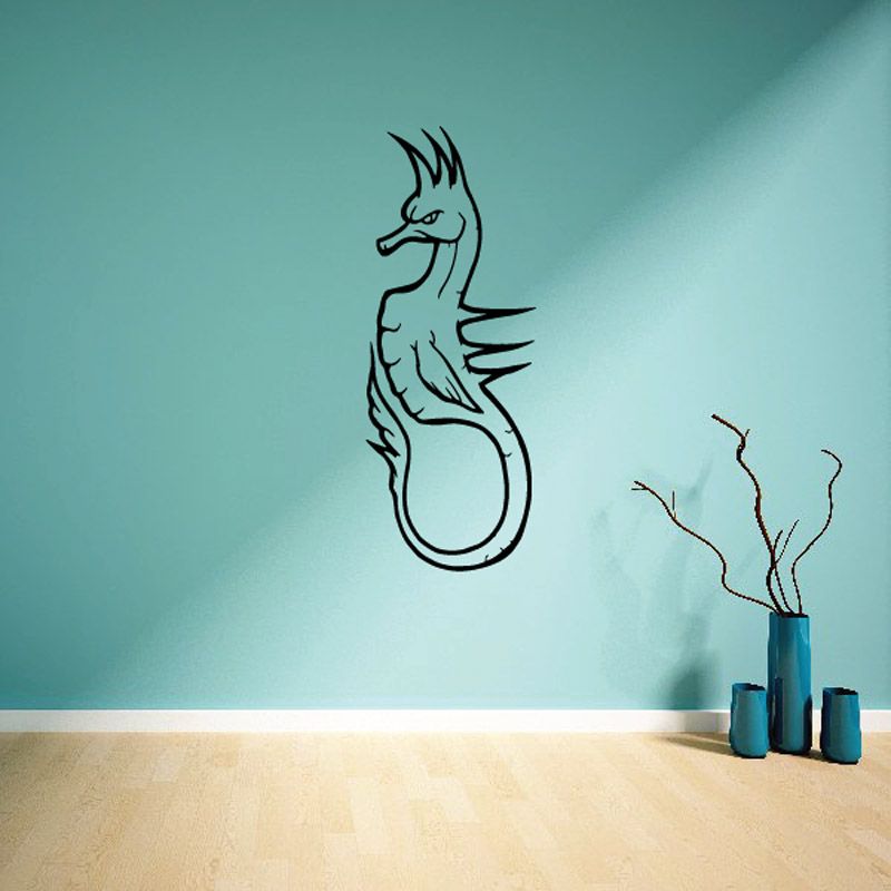 Seahorse line-art wall decal with curled tail, black outline