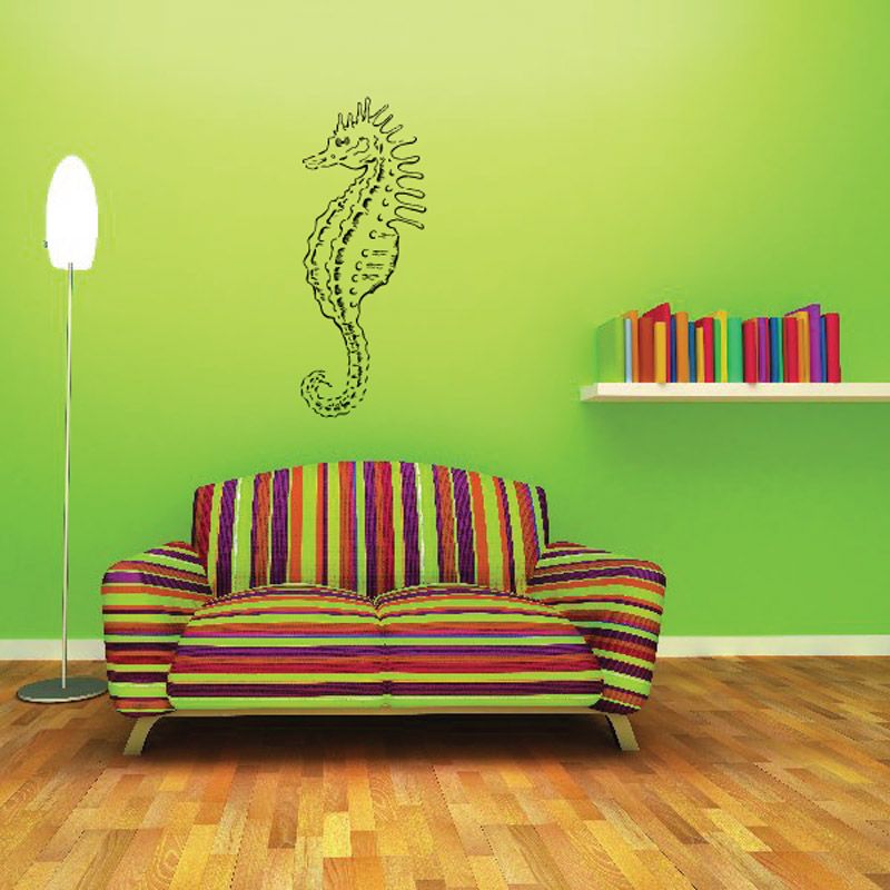 Glancing seahorse wall decal in dark green line art