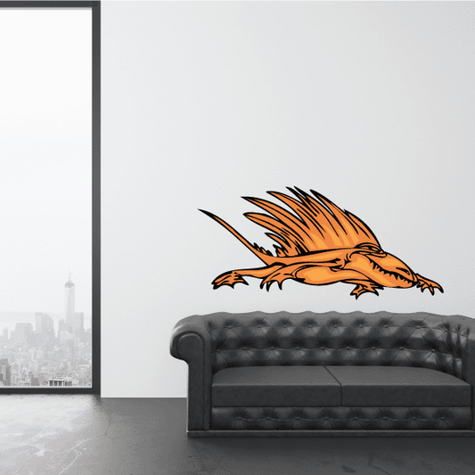 Spiney dinosaur sticker in orange with black spines and stripes