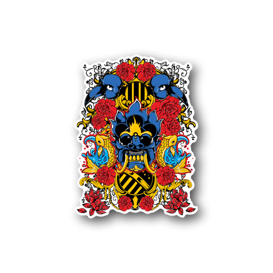 Vinyl sticker: colorful spirit faces with blue characters, red roses, and flame crest