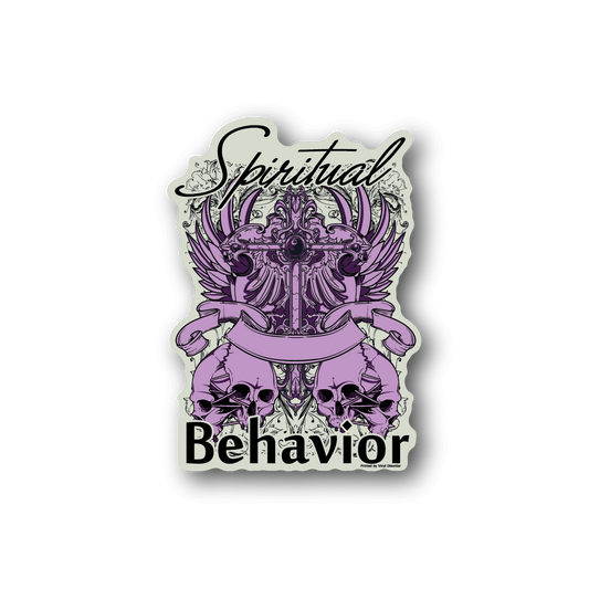 Spiritual Behavior vinyl sticker with purple angel-like skeleton and wings, text logo