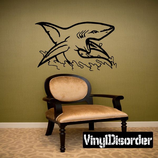 Shark splash decal with jumping shark and wave outlines in black