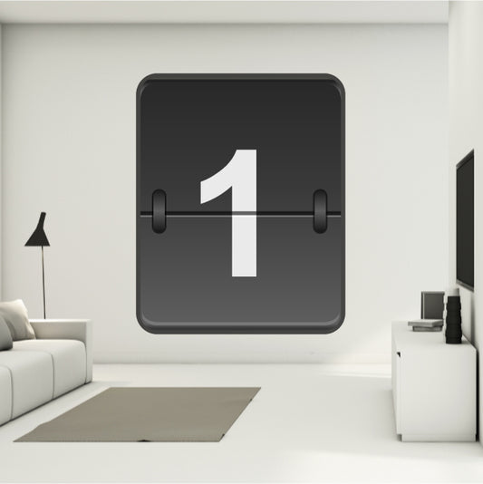 Split-flap monogram sticker with number 1 on a dark square panel