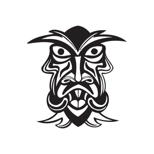 Spooked tiki decal of a black-and-white angry tiki mask face