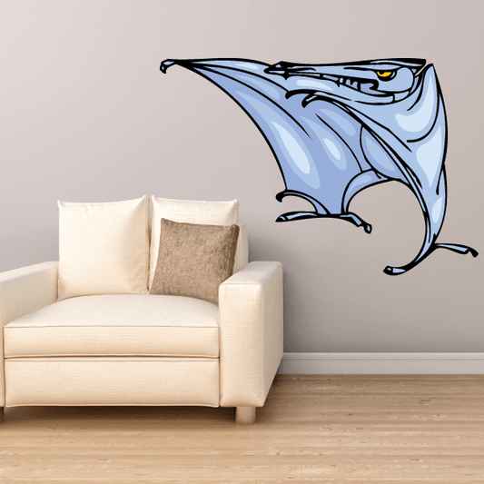 Blue pterosaur wall sticker with spooky open-mouthed face