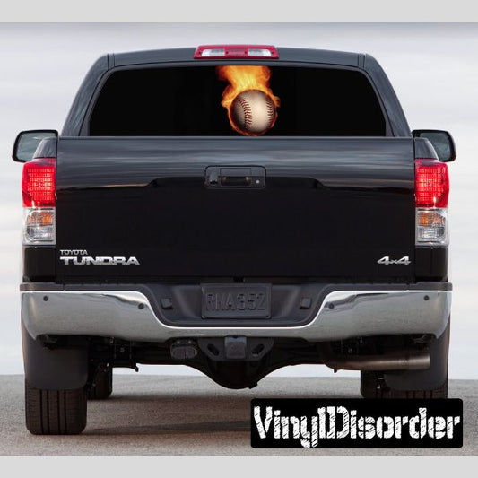 Baseball rear window view graphic decal for vehicle, black with orange ball and bat