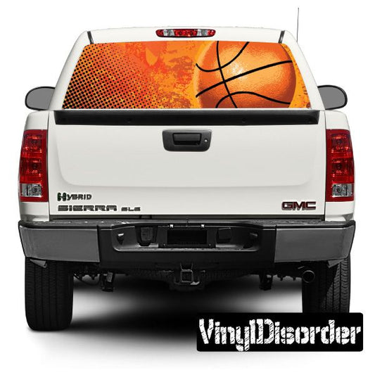 Basketball rear window graphic decal with orange basketball pattern on dark window