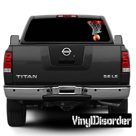 Car rear window graphic with basketball hoop and orange ball
