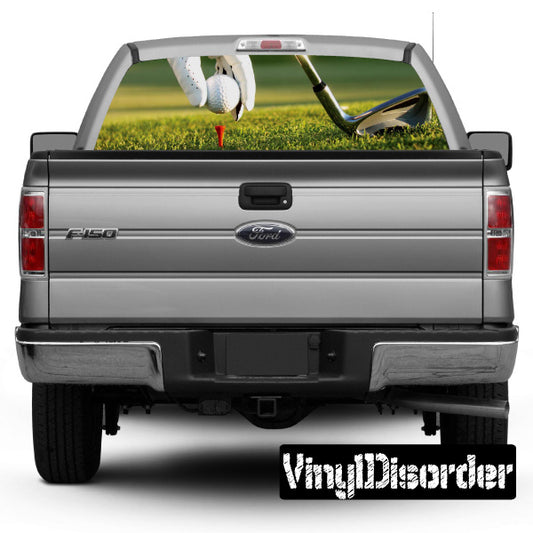 Gray pickup with golf rear window view graphic on back window