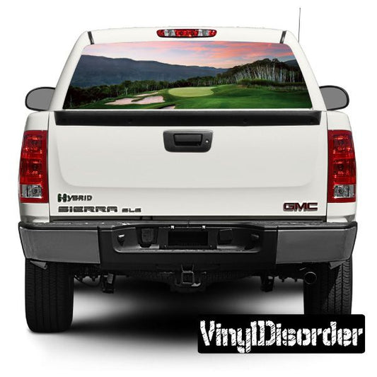 Golf sports rear window view graphic decal on vehicle tailgate and bumper