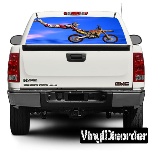 Motorcycle rear window graphic decal with blue background and rider art