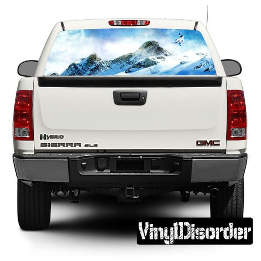 Rear window view graphic decal with blue mountain and snow scene