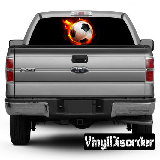 Vehicle rear window soccer ball graphic decal, black and fiery orange design