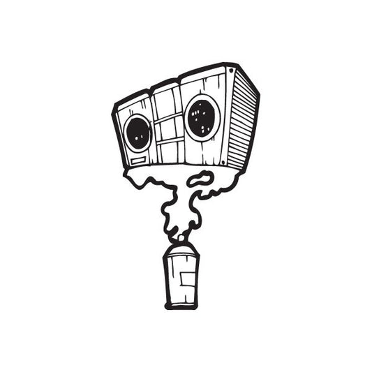 Black outline boombox spray-can style decal with drippy bottom and handle