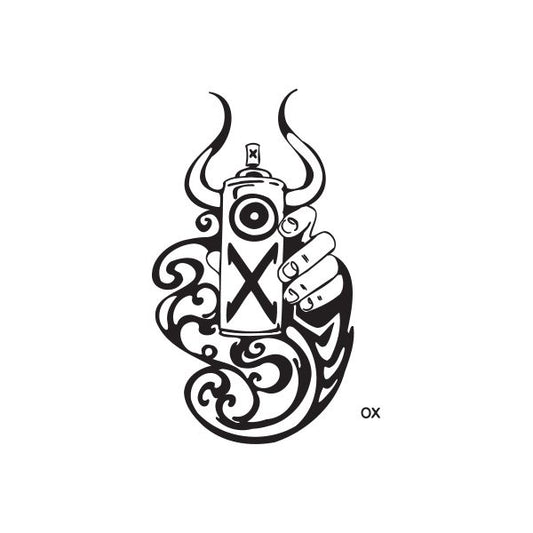 Black bull-shaped decal with ornamental swirl patterns and horned figure