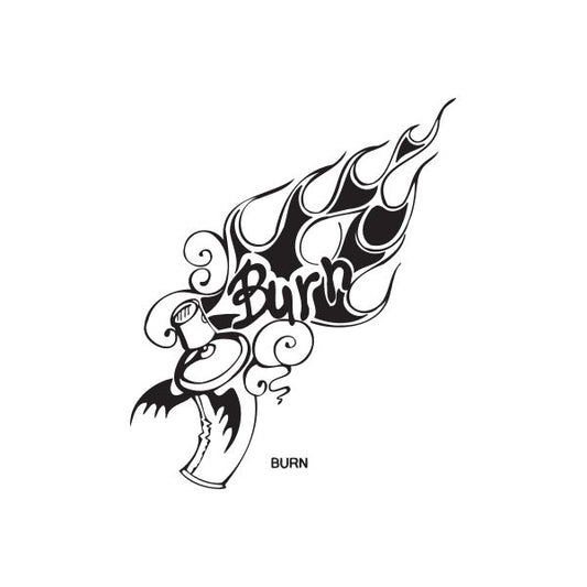 Burn flame skull graphic decal with text BURN, black and white