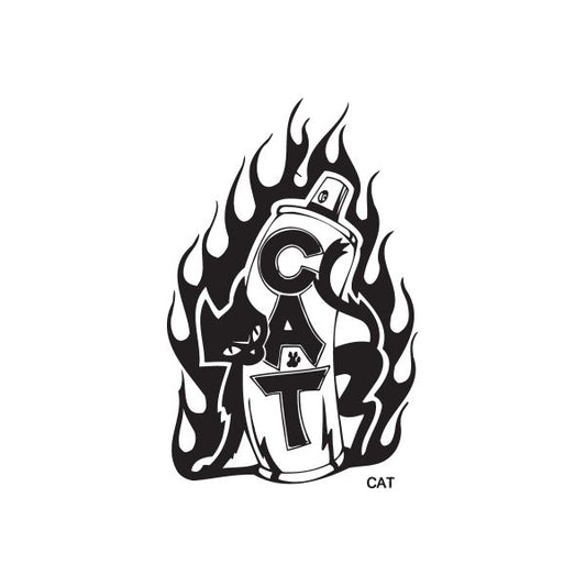 Cat decal with black flame outline and helmet graphic