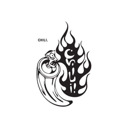 Spray paint can decal with flames and 'CHILI' lettering