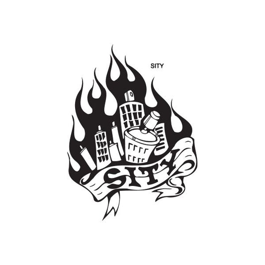 Black city flame sticker decal with building flames and 'SITY' text