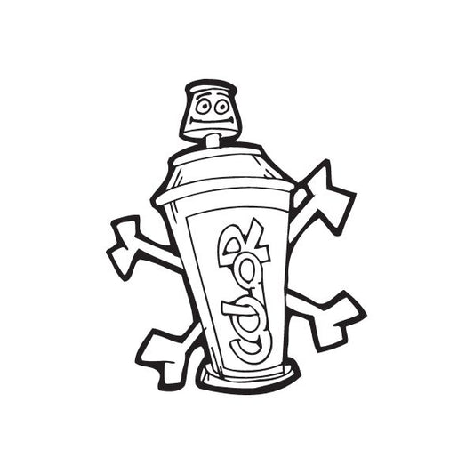 Black-outlined cartoon spray paint can decal with skull top and crossed bones