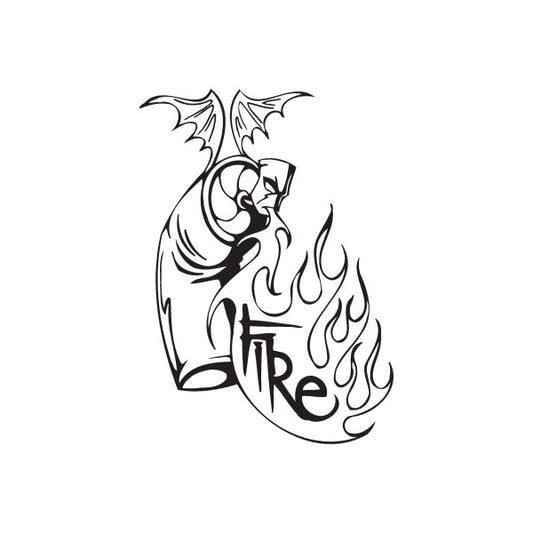 Dragon decal sticker with black line art, wings spread and flame detailing