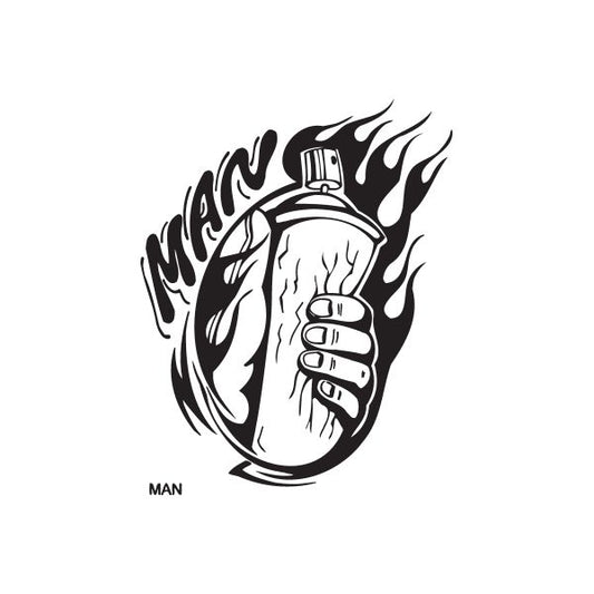 Spray paint man decal, black-and-white hand holding spray can with flames