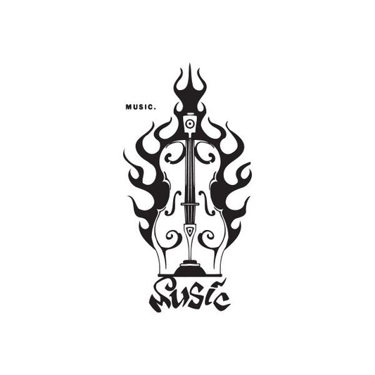 Music spray paint can decal with flame-like guitar and musical text, black and white.