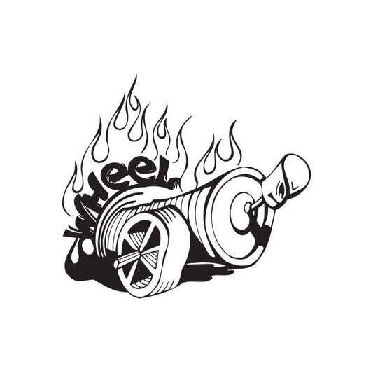 Spray paint can wheel decal with flames and skull graphic, black and white