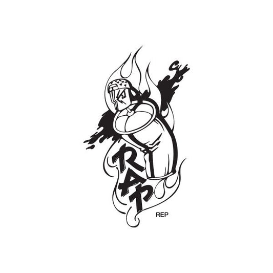Rapper spray can vinyl decal with flame and black graphic illustration