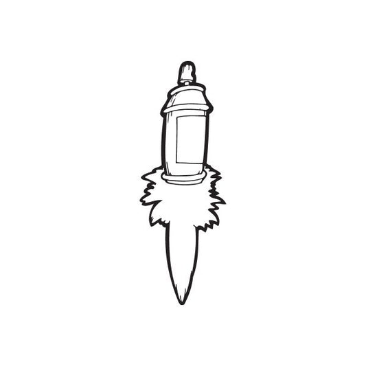 Spray paint can rocket decal with white body and black outline, flame-style bottom