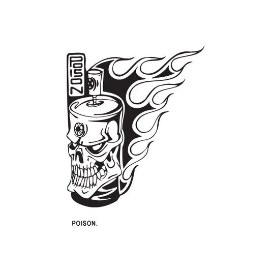 Skull spray paint decal with flame outline and vertical “POISON” text