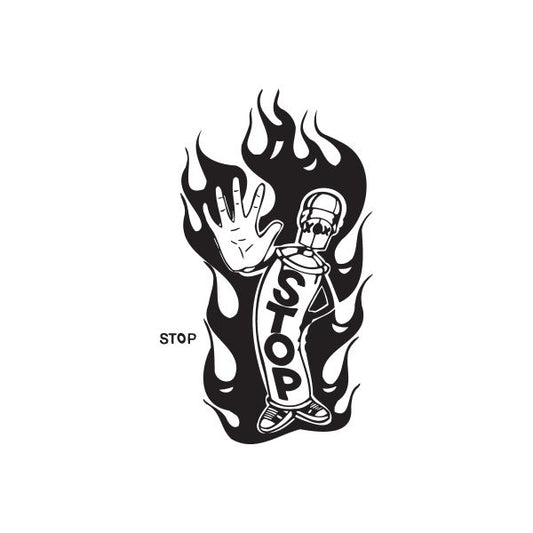 Spray paint can stop decal with black flame graphic and spray-can design