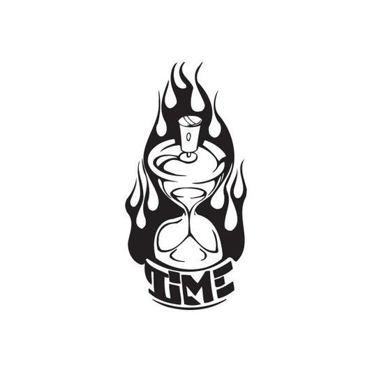 Flame graphic decal with small can icon and bold lettering, black-and-white