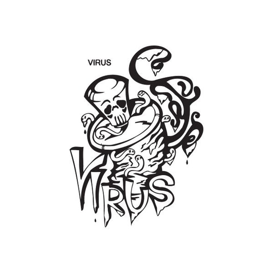Graffiti virus decal with black-and-white skull graphic and the word VIRUS