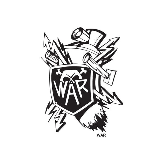 War spray paint can decal: shield, lightning bolts, bold black-and-white graphic
