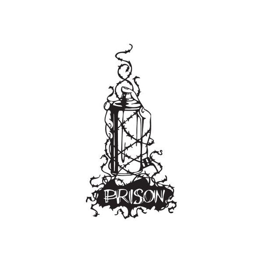Barbed wire lantern decal with PRISON text, black design on light background