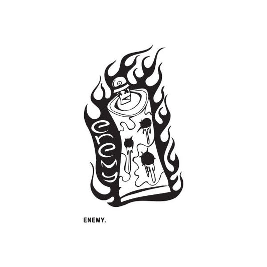 Black spray paint can graphic decal with skulls and flames, ENEMY text