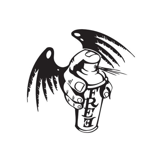 Winged spray paint can decal with graffiti-style outline, black and white design