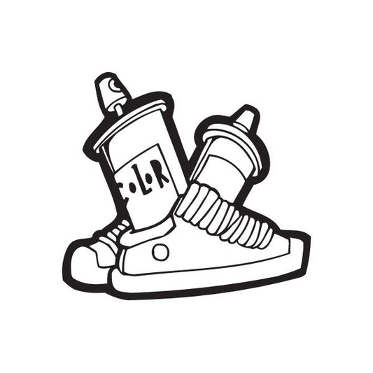 Shoes graffiti decal of two spray paint cans and a sneaker, black outline