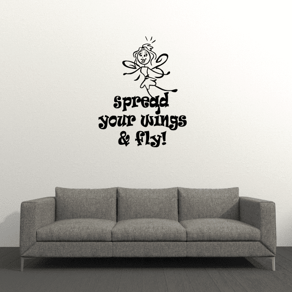 Black wall decal with fairy and text: Spread your wings & fly!