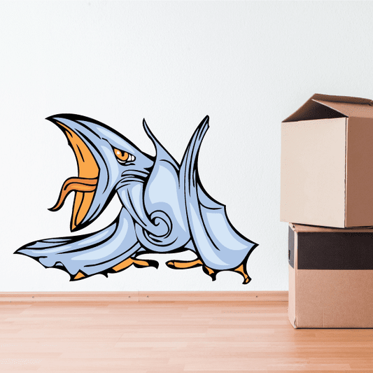 Light blue pterodactyl wall decal with orange beak and spread wings