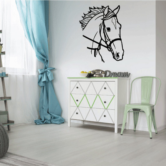 Horse head wall decal with black line-art design