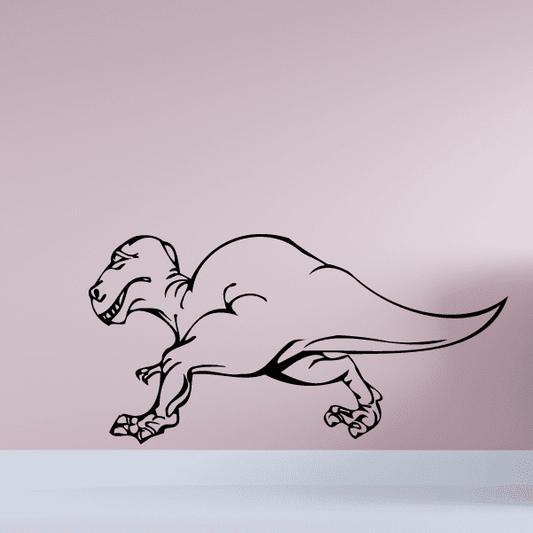 Tyrannosaurus dinosaur wall decal, light gray outline with open jaws.