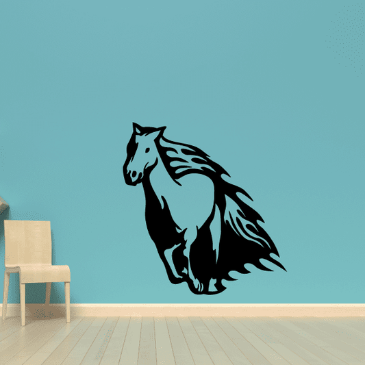 Standing horse decal in teal and black, flowing mane and tail