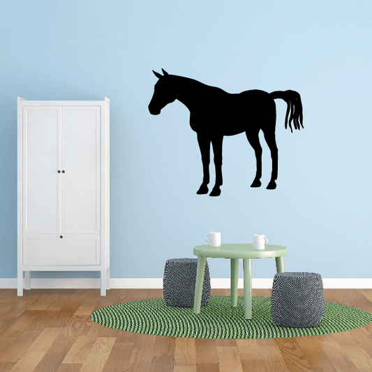 Standing curious horse decal, black horse silhouette with raised mane and tail