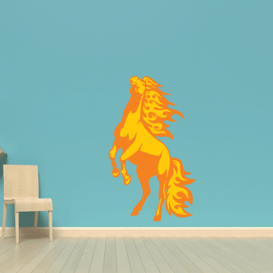 Fire mane horse sticker, standing, orange and yellow flame design.
