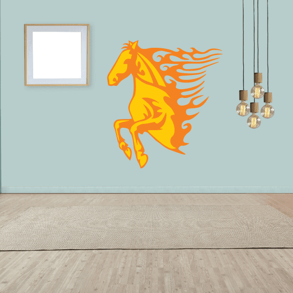 Flaming horse head sticker with orange mane and flame tail, standing profile
